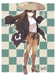 Rule 34 | 2021, artist name, belt, boots, brown belt, brown eyes, brown hair, commentary, cowboy boots, english commentary, full body, gun, hat, highres, holster, jacket, jacket on shoulders, japanese clothes, knee boots, kuden, kunai, long hair, nagatsuki misoka, outline, reverse grip, signature, weapon