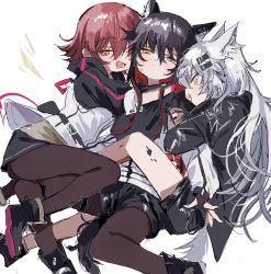 Rule 34 | 3girls, animal ears, arknights, black gloves, black hair, black pantyhose, blush, brown eyes, closed mouth, colored inner hair, commentary request, exusiai (arknights), fingerless gloves, girl sandwich, gloves, grey hair, hair between eyes, highres, hug, lappland (arknights), long hair, material growth, multicolored hair, multiple girls, na tarapisu153, open mouth, oripathy lesion (arknights), pantyhose, red hair, sandwiched, scar, scar across eye, short hair, smile, sweat, tail, texas (arknights), two-tone hair, white background, white eyes, wolf ears, wolf girl, wolf tail, yuri
