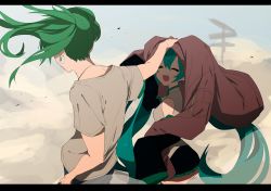 Rule 34 | 2girls, aqua hair, arm at side, bare shoulders, borrowed clothes, closed eyes, commentary request, dual persona, dust, earrings, facing another, flat color, green hair, hair between eyes, hand on another&#039;s head, hatsune miku, height difference, highres, jacket, unworn jacket, jewelry, letterboxed, long hair, multiple girls, open mouth, outstretched arm, sakusya2honda, shadow, short sleeves, side-by-side, skirt, sleeveless, smile, suna no wakusei (vocaloid), twintails, very long hair, vocaloid