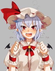 Rule 34 | 1girl, bad id, bad pixiv id, bat wings, blue hair, blush, bonnet, bow, fangs, grey background, hat, migihidari (puwako), open mouth, pointy ears, red eyes, remilia scarlet, slit pupils, solo, tears, touhou, wings
