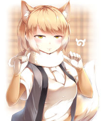 Rule 34 | 10s, 1girl, absurdres, animal ears, blonde hair, commentary request, elbow gloves, extra ears, fox ears, fox tail, fur collar, gloves, highres, japari symbol, kanzakietc, kemono friends, looking at viewer, necktie, plaid, plaid background, pointing, pointing at self, solo, suspenders, tail, tibetan fox (kemono friends), upper body, v-shaped eyebrows, white necktie, yellow eyes