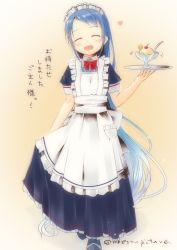 Rule 34 | 1girl, alternate costume, apron, blue dress, blue hair, closed eyes, dress, enmaided, heart, highres, holding, holding clothes, holding dress, holding tray, kantai collection, long hair, looking at viewer, mae (maesanpicture), maid, maid apron, maid headdress, open mouth, samidare (kancolle), sidelocks, simple background, solo, swept bangs, translation request, tray, very long hair