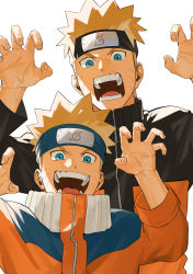Rule 34 | 2boys, blonde hair, blue eyes, commentary request, fingernails, forehead protector, hands up, highres, konohagakure symbol, looking at viewer, male focus, mirin (coene65), multiple boys, naruto, naruto (series), open mouth, short hair, simple background, smile, teeth, time paradox, turtleneck, upper body, uzumaki naruto, white background