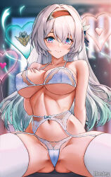 Rule 34 | 1girl, arm behind back, ass, balloon, blush, bra, breasts, cameltoe, closed mouth, commentary request, eyebrows hidden by hair, firefly (honkai: star rail), grey hair, groin, hair between eyes, hairband, hand on own chest, heart, honkai: star rail, honkai (series), large breasts, lingerie, long hair, looking at viewer, mosley (mosleyyy), multicolored hair, navel, panties, purple eyes, signature, smile, solo, spread legs, stomach, streaked hair, thighhighs, underboob, underwear, white bra, white panties, white thighhighs