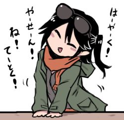Rule 34 | 1girl, black hair, blush, closed eyes, eyewear on head, green jacket, jacket, kantai collection, long sleeves, lowres, official alternate costume, open mouth, orange scrunchie, scarf, scrunchie, sendai (kancolle), simple background, solo, sunglasses, terrajin, translation request, two side up, white background