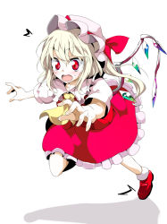 Rule 34 | 1girl, blonde hair, blouse, collared shirt, female focus, flandre scarlet, hair between eyes, hat, highres, mob cap, oouso, open mouth, red eyes, red footwear, shirt, shoes, socks, solo, touhou, tripping, white shirt, white socks, wings