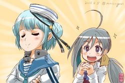 Rule 34 | + +, 2girls, ahoge, aqua neckerchief, black ribbon, blue bow, blue bowtie, blue hair, blue sailor collar, bow, bowtie, closed eyes, commentary request, dated, dixie cup hat, double bun, doyagao, grey eyes, grey hair, hair between eyes, hair bow, hair bun, halterneck, hat, hat ribbon, kantai collection, kiyoshimo (kancolle), long hair, long sleeves, low twintails, maira gen, military hat, multiple girls, neckerchief, one-hour drawing challenge, open mouth, own hands clasped, own hands together, ribbon, sailor collar, samuel b. roberts (kancolle), school uniform, serafuku, shirt, short hair, sleeve cuffs, smug, twintails, twitter username, upper body, very long hair, white hat, white shirt, yellow background, yellow bow