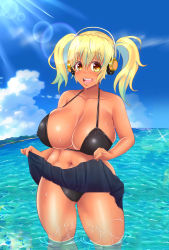 Rule 34 | 1girl, absurdres, blonde hair, blush, breasts, cleavage, curvy, covered erect nipples, headphones, highres, huge breasts, large breasts, looking at viewer, navel, nitroplus, open mouth, orange eyes, plump, smile, solo, standing, super pochaco, twintails, wet