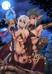 Rule 34 | 2girls, ai gon deroga, armpits, arrow (projectile), bad id, bad pixiv id, bare shoulders, black legwear, bow (weapon), breasts, cleavage, dark-skinned female, dark skin, earrings, elf, full moon, highres, jewelry, large breasts, long hair, looking at viewer, moon, multiple girls, navel, night, original, parted lips, pink eyes, pointy ears, polearm, short hair, silver hair, spear, standing, tattoo, thighhighs, weapon
