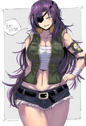 Rule 34 | 1girl, armored core, armored core 6, bandaged wrist, bandages, breasts, cinder carla, cleavage, denim, denim shorts, elbow pads, english text, eyepatch, large breasts, long hair, looking at viewer, orange eyes, purple hair, sarashi, shimure (460), shorts, single elbow pad, sleeveless, sleeveless jacket, solo, solo focus, speech bubble