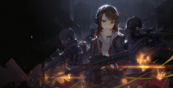 Rule 34 | 1girl, 2boys, assault rifle, belt, black gloves, brown hair, closed mouth, commentary request, explosion, finger on trigger, fingerless gloves, fire, gloves, goggles, gun, headphones, helmet, highres, jacket, kuroduki (pieat), long hair, looking at viewer, microphone, multiple boys, night, original, outdoors, rain, red eyes, rifle, scope, smile, standing, trigger discipline, weapon