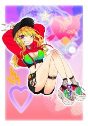 Rule 34 | 1girl, arrow through heart, baseball cap, black choker, black shorts, blonde hair, blush, border, breasts, choker, cleavage, copyright request, cropped hoodie, earrings, fingernails, grin, hands up, hat, hat pin, heart, highres, hood, hood down, hoodie, hoop earrings, jewelry, kawai rou, large breasts, crossed legs, long hair, looking at viewer, nail polish, one eye closed, pink nails, red eyes, red hoodie, shoes, short shorts, shorts, smile, thigh strap, v, white border
