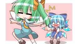 Rule 34 | 2girls, = =, ^^^, blue bow, blue hair, blue panties, blush, blush stickers, border, bow, brown footwear, chibi, cirno, clothes theft, collared shirt, commentary request, covering privates, covering crotch, daiyousei, damiwi, detached wings, embarrassed, fairy wings, female pervert, foreshortening, full-face blush, full body, green hair, hair between eyes, hair bow, highres, ice, ice wings, large bow, leg up, loafers, looking at another, mouth hold, multiple girls, necktie, no nose, o o, open mouth, outstretched arm, outstretched arms, panties, pervert, pigeon-toed, pink background, puffy short sleeves, puffy sleeves, red neckwear, shadow, shirt, shoes, short hair, short sleeves, side ponytail, simple background, smile, spread arms, tears, theft, touhou, underwear, underwear theft, unworn panties, white border, white shirt, wings, yellow bow, yellow neckwear