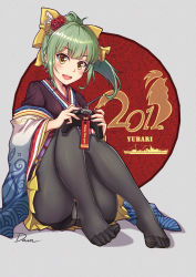 Rule 34 | 10s, 1girl, 2017, :d, alternate costume, artist name, black pantyhose, brown eyes, character name, commentary request, crotch seam, dawn02, feet, green hair, grey background, hair ornament, hair ribbon, highres, japanese clothes, kantai collection, kimono, long sleeves, open mouth, panties, panties under pantyhose, pantyhose, ponytail, revision, ribbon, skirt, smile, solo, teeth, underwear, wide sleeves, yellow ribbon, yellow skirt, yuubari (kancolle)