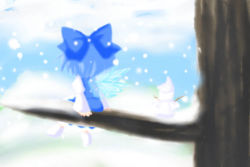 Rule 34 | 1girl, bow, chibi, cirno, female focus, in tree, perfect cherry blossom, r pascal, sitting, sitting in tree, snow, solo, touhou, tree