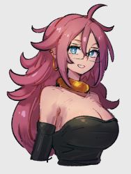 Rule 34 | 1girl, android 21, bare shoulders, blue eyes, breasts, choker, cleavage, dragon ball, dragon ball fighterz, earrings, grey background, hair between eyes, hoop earrings, jewelry, kemachiku, long hair, looking at viewer, medium breasts, red hair, simple background, smile, solo, upper body, yellow choker