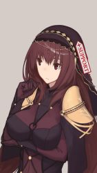 Rule 34 | 1girl, armor, bad id, bad tumblr id, bodysuit, breasts, brown hair, fate/grand order, fate (series), large breasts, long hair, mikoto (oi plus), pauldrons, purple bodysuit, red eyes, scathach (fate), scathach (fate), shoulder armor, simple background, solo, upper body
