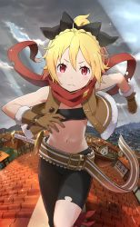 Rule 34 | 1girl, asymmetrical clothes, bandeau, belt buckle, black bow, black bra, black pants, blonde hair, blush, bow, bra, braid, breasts, brown gloves, buckle, cleavage, closed mouth, cloud, cloudy sky, crown braid, day, felt (re:zero), frown, fur-trimmed gloves, fur trim, gloves, hair between eyes, hair bow, highres, looking at viewer, midriff, navel, outdoors, pants, ponytail, re:zero kara hajimeru isekai seikatsu, red eyes, red scarf, running, scarf, short hair, single pantsleg, sky, small breasts, solo, stomach, strapless, strapless bra, sunlight, torn clothes, torn pants, torn scarf, underwear, v-shaped eyebrows