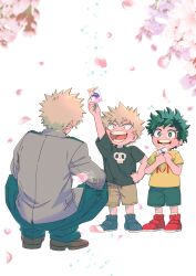 3boys aged_down all_might bakugou_katsuki blonde_hair boku_no_hero_academia character_print cherry_blossoms child falling_petals freckles green_eyes green_hair highres male_focus midoriya_izuku multiple_boys petals red_eyes rena_aoba school_uniform shoes short_hair shorts spiked_hair squatting time_paradox u.a._school_uniform white_background