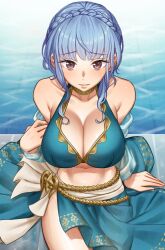 Rule 34 | 1girl, bare shoulders, bikini, blue bikini, blue hair, braid, breast focus, breasts, brown eyes, cleavage, close-up, commission, crown braid, fire emblem, fire emblem: three houses, fire emblem heroes, highres, large breasts, long hair, marianne von edmund, marianne von edmund (summer), navel, nervous, nervous smile, nintendo, official alternate costume, pool, poolside, rojen, sarong, smile, solo, swimsuit, upper body