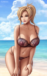 1girl absurdres artist_name beach black_lingerie blonde_hair breasts cleavage cropped_legs deviantart_username female_focus flowerxl gluteal_fold hands_on_thighs highres large_breasts legs_together lingerie looking_at_viewer mercy mercy_(overwatch) navel ocean overwatch ponytail solo standing thick_thighs thigh_gap thighs underwear