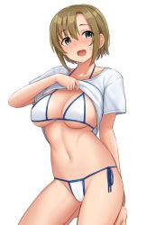 Rule 34 | 1girl, aqua eyes, bikini, breasts, brown hair, clothes lift, idolmaster, idolmaster cinderella girls, kneeling, large breasts, lifted by self, looking at viewer, navel, open mouth, shirt, shirt lift, short hair, short sleeves, side-tie bikini bottom, simple background, smile, solo, swimsuit, t-shirt, tada riina, tomajiyama, white background, white bikini