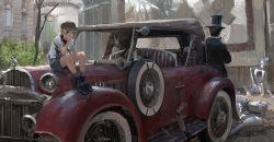 Rule 34 | 1boy, 1girl, androgynous, cabbie hat, hat, highres, motor vehicle, original, paindude, robot, scenery, short hair, shorts, sitting, sitting on object, steampunk, top hat