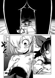 Rule 34 | 2girls, 3koma, ass, blush, bow, grabbing another&#039;s breast, breasts, closed mouth, collarbone, comic, commentary request, detached sleeves, grabbing, greyscale, hair bow, hair over one eye, hair tubes, hakurei reimu, japanese clothes, looking at another, lying, medium hair, miko, monochrome, multiple girls, nipples, nude, o o, on stomach, open mouth, rumia, silent comic, small breasts, smile, sonson (eleven), standing, ^^^, touhou, wavy mouth, wide sleeves, yuri