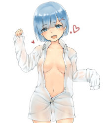 Rule 34 | 10s, 1girl, blue eyes, blue hair, breasts, cleavage, covered erect nipples, eyes visible through hair, hair ornament, hair over one eye, heart, highres, long sleeves, looking at viewer, matching hair/eyes, medium breasts, naked shirt, navel, okitanation, open mouth, re:zero kara hajimeru isekai seikatsu, rem (re:zero), see-through, shirt, short hair, simple background, sleeves past wrists, solo, unbuttoned, white background, white shirt, x hair ornament