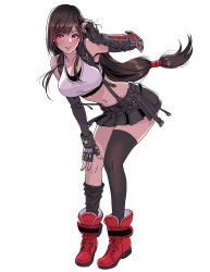 Rule 34 | 1girl, absurdres, arm up, armor, asymmetrical armor, boots, brown hair, crop top, final fantasy, final fantasy vii, final fantasy vii remake, fingerless gloves, gloves, hair tie, hand on thigh, highres, lips, long hair, looking at viewer, pleated skirt, red eyes, simple background, skirt, smile, solo, suspender skirt, suspenders, thighhighs, tifa lockhart, very long hair, white background, yamashita shun&#039;ya