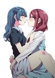 Rule 34 | 2girls, absurdres, ass grab, black shirt, blue hair, blush, dress, ecoman, eye contact, from side, hair bun, hands on another&#039;s chest, highres, hug, long hair, long sleeves, looking at another, love live!, love live! sunshine!!, multiple girls, open mouth, pink eyes, red hair, sakurauchi riko, shirt, short sleeves, single hair bun, sitting, sitting on lap, sitting on person, smile, tsushima yoshiko, white background, yellow eyes, yuri