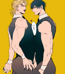 Rule 34 | 2boys, absurdres, ass, between pectorals, black hair, black lips, black nails, blonde hair, bow, bowtie, crossdressing, crossover, dio brando, earrings, evil grin, evil smile, fushiguro touji, green eyes, grin, heart, highres, jewelry, jojo no kimyou na bouken, jujutsu kaisen, large pectorals, leotard, looking at viewer, looking back, male focus, mature male, multiple boys, muscular, muscular male, pantyhose, pectoral docking, pectoral press, pectorals, shenshan laolin, short hair, smile, smirk, stardust crusaders, thong leotard, wrist cuffs, yaoi, yellow background, yellow eyes