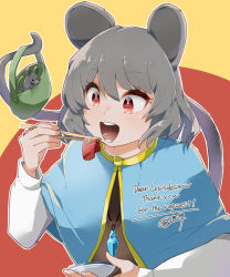 Rule 34 | 1girl, animal ears, basket, blue capelet, blush, capelet, chopsticks, commentary request, crystal, dress, eating, food, fuuchisou, grey dress, grey hair, highres, holding, holding chopsticks, jewelry, long sleeves, mouse (animal), mouse ears, mouse girl, mouse tail, nazrin, open mouth, pendant, red eyes, shirt, short hair, signature, smile, solo, sushi, tail, touhou, upper body, white shirt