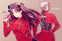 Rule 34 | 1boy, 1girl, archer (fate), black hair, bow, breasts, character name, fate/stay night, fate (series), green eyes, hair bow, hand on own hip, long hair, medium breasts, short hair, tohsaka rin, turtleneck, twintails, two side up, white hair, zijinkalas