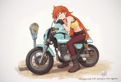 Rule 34 | 1girl, adapted costume, belt, blush, breasts, brown belt, brown eyes, camisole, commission, contemporary, english text, head tilt, unworn headwear, helmet, unworn helmet, highres, lina inverse, looking at viewer, midriff, motor vehicle, motorcycle, navel, orange hair, pants, parking meter, red pants, shima (landsuzume), signature, sitting, slayers, small breasts, smile, solo, vehicle focus, yellow camisole