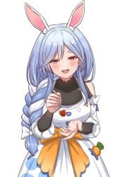 Rule 34 | 1girl, absurdres, animal ear fluff, animal ears, blue hair, blush, braid, braided ponytail, breasts, curry, food, highres, holding, holding spoon, hololive, incoming food, long hair, looking at viewer, mature female, multicolored hair, open mouth, pekomama, rabbit ears, rabbit girl, sharkudon, short eyebrows, smile, solo, spoon, thick eyebrows, virtual youtuber, white hair