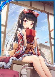Rule 34 | 1girl, :d, akkijin, black hair, blue sky, box, rabbit, card (medium), day, floral print, flower, gift, gift box, hair ornament, hair ribbon, indoors, japanese clothes, long hair, looking at viewer, official art, open mouth, open window, print ribbon, red eyes, red ribbon, ribbon, shinkai no valkyrie, sitting, sky, smile, solo, stuffed animal, stuffed rabbit, stuffed toy, window, yellow ribbon