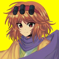 Rule 34 | 1other, absurdres, closed mouth, commentary, green kimono, guhai2023, hair rollers, hairband, highres, japanese clothes, kimono, len&#039;en, looking at viewer, orange hair, orange sleeves, purple scarf, red eyes, red hairband, scarf, short hair, simple background, smile, solo, symbol-only commentary, upper body, yellow background, zuifeng tenkai