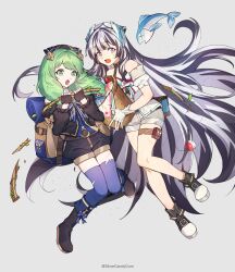 Rule 34 | 2girls, absurdres, artist name, bare shoulders, basket, black hair, boots, commission, drill hair, feather hair ornament, feathers, fire emblem, fire emblem: three houses, fire emblem engage, fire emblem heroes, fish, fishing rod, flayn (fire emblem), full body, green eyes, green hair, grey hair, hair ornament, highres, holding, holding basket, long hair, long sleeves, looking at viewer, multicolored hair, multiple girls, nintendo, open mouth, petite, pixiv commission, purple eyes, scratches, shorts, silvercandy gum, simple background, smile, thigh strap, thighhighs, torn clothes, two-tone hair, very long hair, veyle (fire emblem)