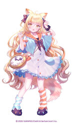 Rule 34 | 1girl, :3, absurdres, ahoge, animal ear fluff, animal ears, blonde hair, blue capelet, blue dress, blunt bangs, bow, bowtie, capelet, cat ears, cat tail, clan entertainment, clock, commentary request, dated, dress, flat chest, frilled dress, frills, full body, hair between eyes, hair bow, highres, kappe reeka, long hair, looking at viewer, mismatched socks, multicolored hair, multicolored socks, nyamamugi tart, nyantasia, official art, orange bow, orange eyes, orange hair, orange sailor collar, orange socks, paw pose, red bow, red bowtie, sailor collar, sanrio, sidelocks, simple background, sleeveless, sleeveless dress, slippers, socks, solo, standing, streaked hair, striped clothes, striped socks, tail, two side up, very long hair, virtual youtuber, wavy hair, white background, white socks