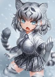 Rule 34 | 1girl, :o, animal ear fluff, animal ears, animal print, black hair, blue eyes, breast pocket, chestnut mouth, commentary, elbow gloves, extra ears, fang, garter straps, gloves, hand up, highres, kemono friends, lain, medium hair, multicolored hair, necktie, open mouth, plaid, plaid necktie, plaid neckwear, plaid skirt, plaid trim, pleated skirt, pocket, print thighhighs, shirt, short sleeves, skirt, snow, snowing, solo, striped tail, tail, thighhighs, tiger ears, tiger print, tiger tail, two-tone hair, v-shaped eyebrows, white gloves, white hair, white shirt, white tiger (kemono friends)