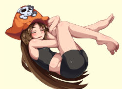 Rule 34 | 1girl, ass, bad id, bad pixiv id, bare shoulders, barefoot, bike shorts, blush, breasts, brown hair, busi331, closed eyes, drooling, guilty gear, hat, legs, long hair, may (guilty gear), open mouth, orange hat, pirate hat, saliva, sleeping, small breasts, solo, toes