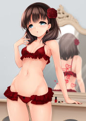 Rule 34 | 1girl, :o, ai ai gasa, arm support, bare shoulders, blue eyes, blush, bow, bow panties, bra, breasts, brown hair, commentary, cowboy shot, earrings, flower, frilled bra, frilled panties, frills, hair flower, hair ornament, hairband, harino646, heart, highres, idolmaster, idolmaster cinderella girls, jewelry, lingerie, medium hair, mirror, nail polish, nail polish bottle, navel, panties, parted lips, red bra, red nails, red panties, reflection, rose, sakuma mayu, small breasts, solo, underwear, underwear only