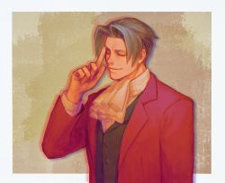 Rule 34 | 1boy, ace attorney, ascot, black vest, border, brown background, buttons, closed mouth, derivative work, closed eyes, forehead, godzillapigeon1, grey border, grey hair, hand up, happy, highres, index finger raised, jacket, long sleeves, male focus, miles edgeworth, open clothes, open jacket, outside border, red jacket, shirt, short hair, simple background, smile, smug, solo, upper body, v-shaped eyebrows, vest, white ascot, white shirt