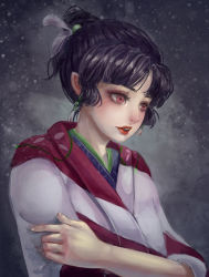 Rule 34 | 1girl, arm grab, black hair, earrings, eyelashes, feather hair ornament, feathers, hair ornament, inuyasha, japanese clothes, jewelry, joan82610, kagura (inuyasha), kimono, open mouth, parted bangs, pointy ears, portrait, red eyes, red lips, solo, yukata