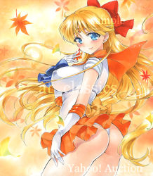 Rule 34 | 1girl, aino minako, artist name, ass, at classics, bishoujo senshi sailor moon, blonde hair, blue eyes, blush, bow, breasts, closed mouth, covered erect nipples, cowboy shot, earrings, forehead jewel, gloves, hair bow, hand up, jewelry, large breasts, leaf, leotard, long hair, looking at viewer, microskirt, orange skirt, panties, pleated skirt, red bow, sailor venus, sample watermark, short sleeves, skirt, smile, solo, thong leotard, traditional media, underwear, very long hair, watermark, white gloves, white panties