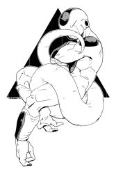 Rule 34 | 1boy, closed eyes, covering own mouth, covering privates, crossed arms, dragon ball, dragonball z, floating, frieza, full body, greyscale, head tilt, kokusoji, male focus, monochrome, simple background, solo, tail, triangle, twitter username, white background