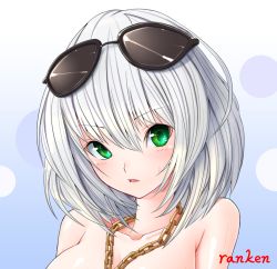 Rule 34 | 1girl, artist name, bad id, bad pixiv id, between breasts, blush, breasts, chain, chain necklace, close-up, eyewear on head, gradient background, green eyes, jewelry, looking at viewer, necklace, original, parted lips, ranken, short hair, silver hair, simple background, solo, sunglasses, topless