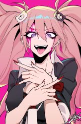 Rule 34 | 1girl, :d, \m/, black bra, blood, bra, brown hair, commentary, crazy eyes, danganronpa: trigger happy havoc, danganronpa (series), english commentary, enoshima junko, hair between eyes, hair ornament, j.k., looking at viewer, nail polish, open mouth, paint, pink background, pink blood, purple eyes, red nails, simple background, smile, solo, spoilers, teeth, tongue, tongue out, twintails, underwear