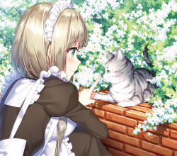 Rule 34 | 1girl, animal, apron, blonde hair, blush, breasts, brick wall, brown dress, bush, cat, closed mouth, commentary request, day, dress, foliage, frilled apron, frilled dress, frills, from side, green eyes, index finger raised, juliet sleeves, long sleeves, looking at animal, looking away, maid, maid headdress, masuishi kinoto, medium breasts, original, outdoors, profile, puffy sleeves, short hair, smile, solo, squatting, tareme, whiskers, white apron